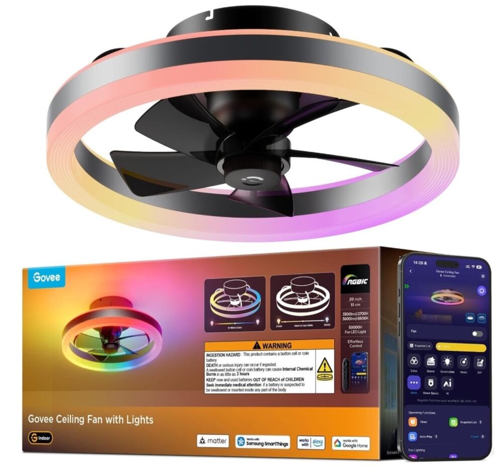 Govee 20in RGBIC Smart Oscillating Bladeless Ceiling Fan Light Remote